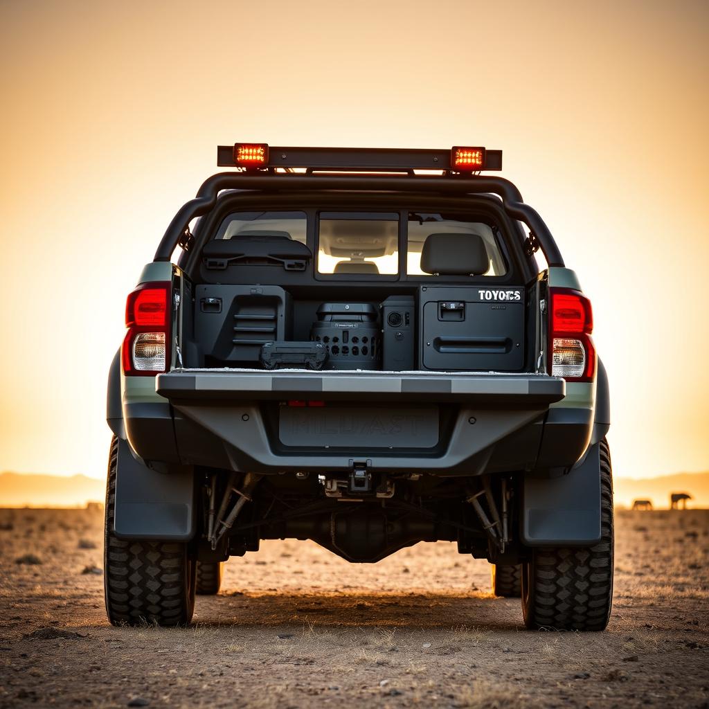 A dynamic rear quarter angle view of a robust N70 Toyota Hilux optimized for overland journeys