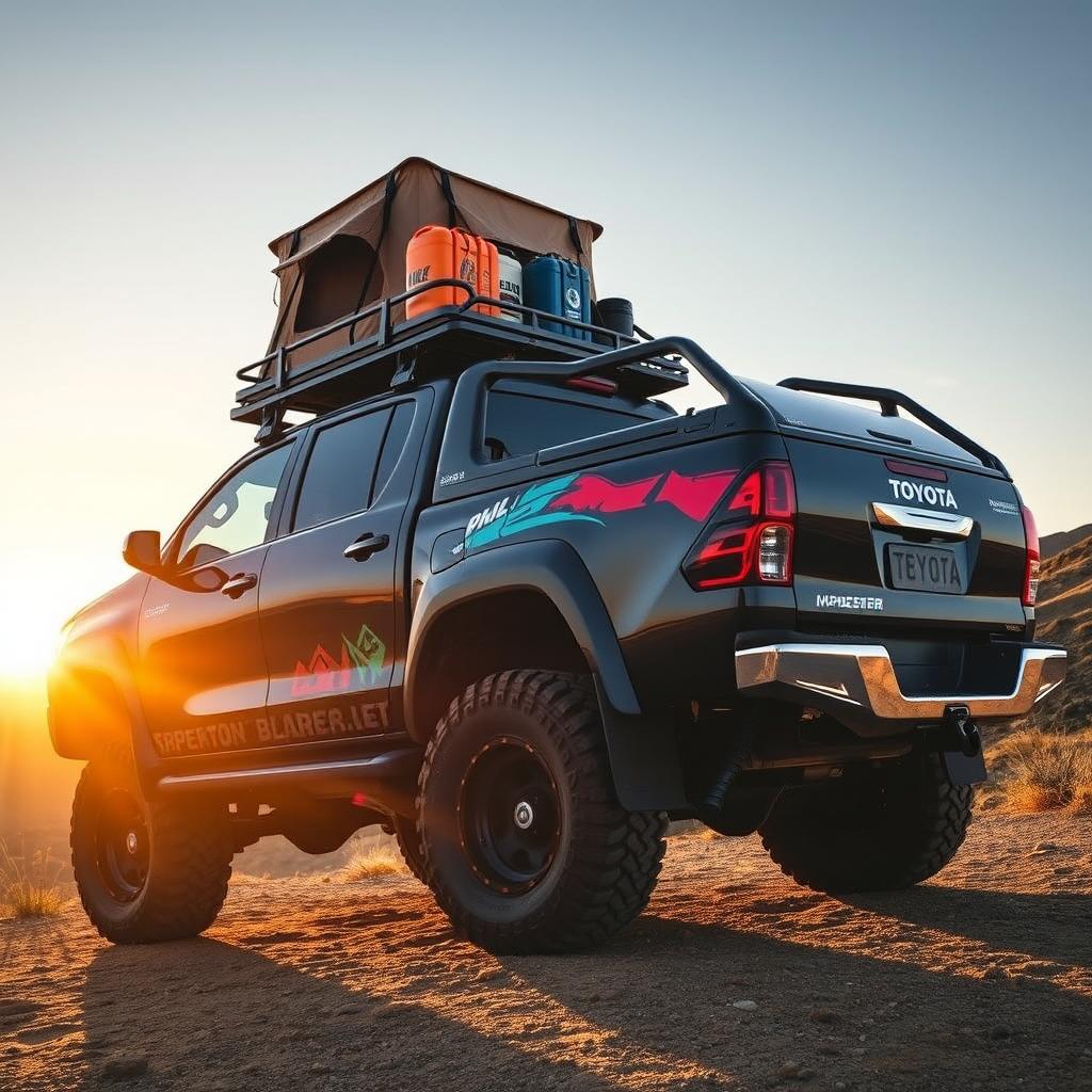 A captivating side view of a modified overland Toyota Hilux, showcasing its rugged features tailored for long adventures