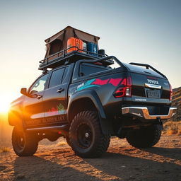 A captivating side view of a modified overland Toyota Hilux, showcasing its rugged features tailored for long adventures