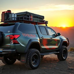 A captivating side view of a modified overland Toyota Hilux, showcasing its rugged features tailored for long adventures