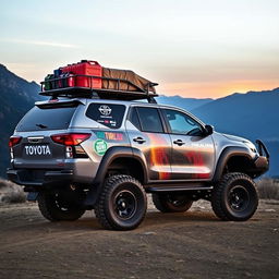 A captivating side view of a modified overland Toyota Hilux, showcasing its rugged features tailored for long adventures