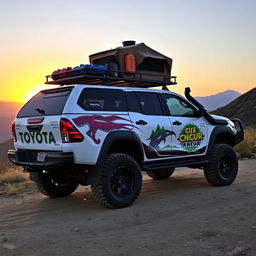 A captivating side view of a modified overland Toyota Hilux, showcasing its rugged features tailored for long adventures