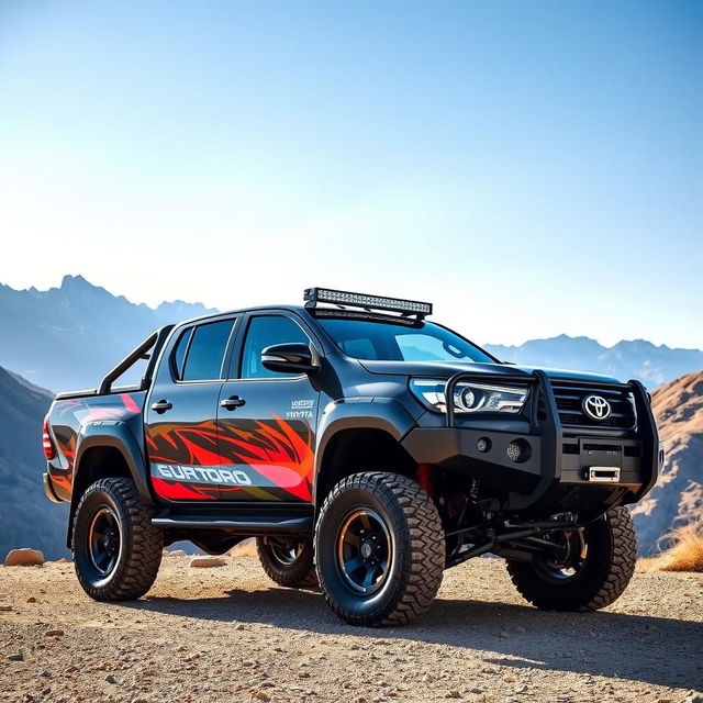 A stunning side view and front view of a modified Toyota Hilux designed for overland adventures