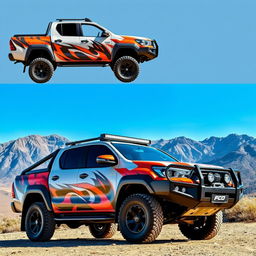 A stunning side view and front view of a modified Toyota Hilux designed for overland adventures