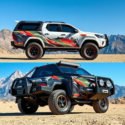 A stunning side view and front view of a modified Toyota Hilux designed for overland adventures