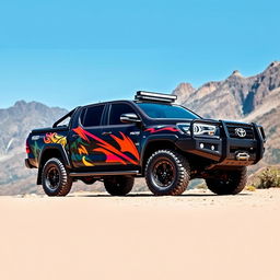 A stunning side view and front view of a modified Toyota Hilux designed for overland adventures