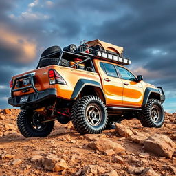 A side view of an aggressively designed overland Toyota Hilux, showcasing extreme modifications for hardcore off-road expeditions