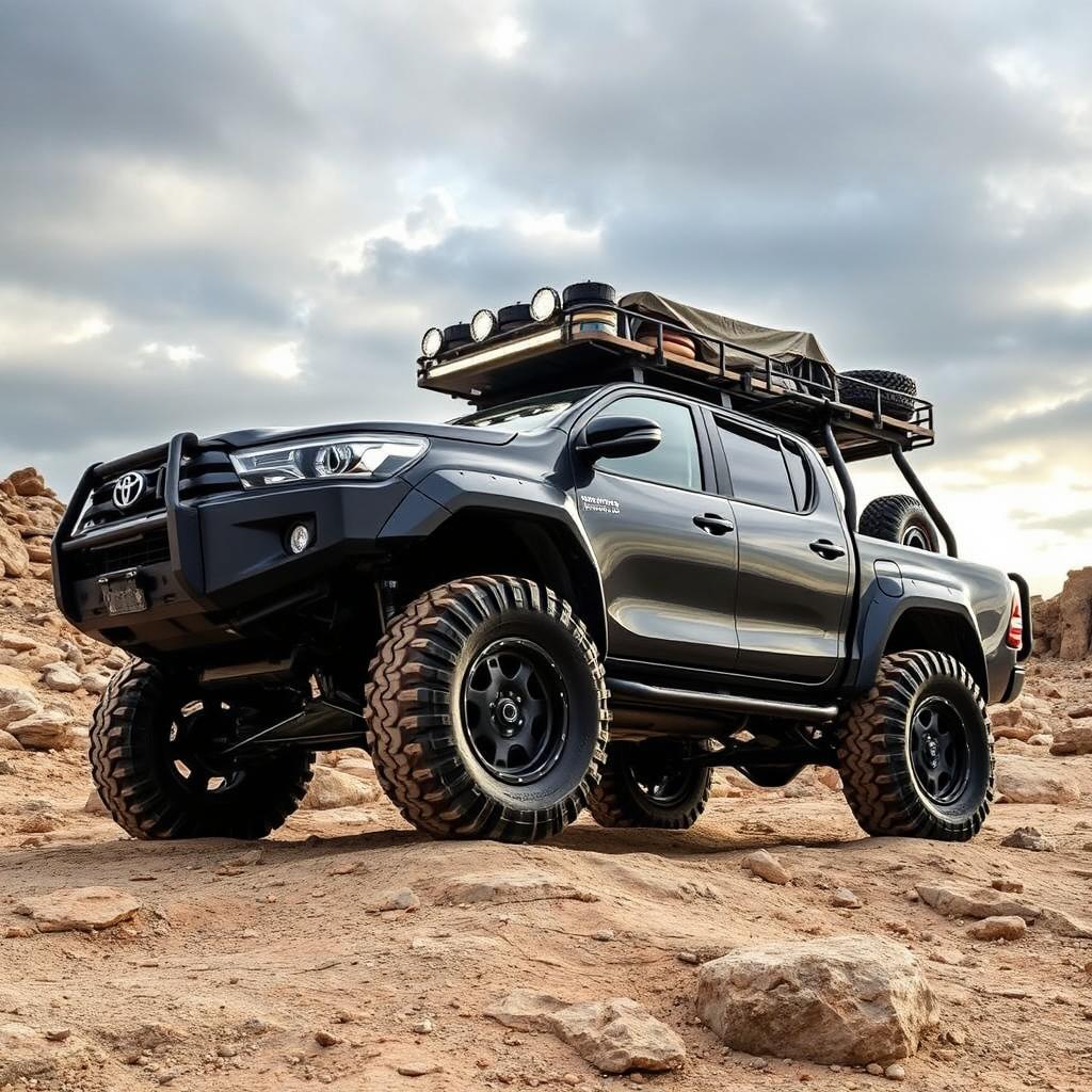 A side view of an aggressively designed overland Toyota Hilux, showcasing extreme modifications for hardcore off-road expeditions