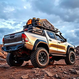 A side view of an aggressively designed overland Toyota Hilux, showcasing extreme modifications for hardcore off-road expeditions