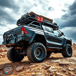 A side view of an aggressively designed overland Toyota Hilux, showcasing extreme modifications for hardcore off-road expeditions