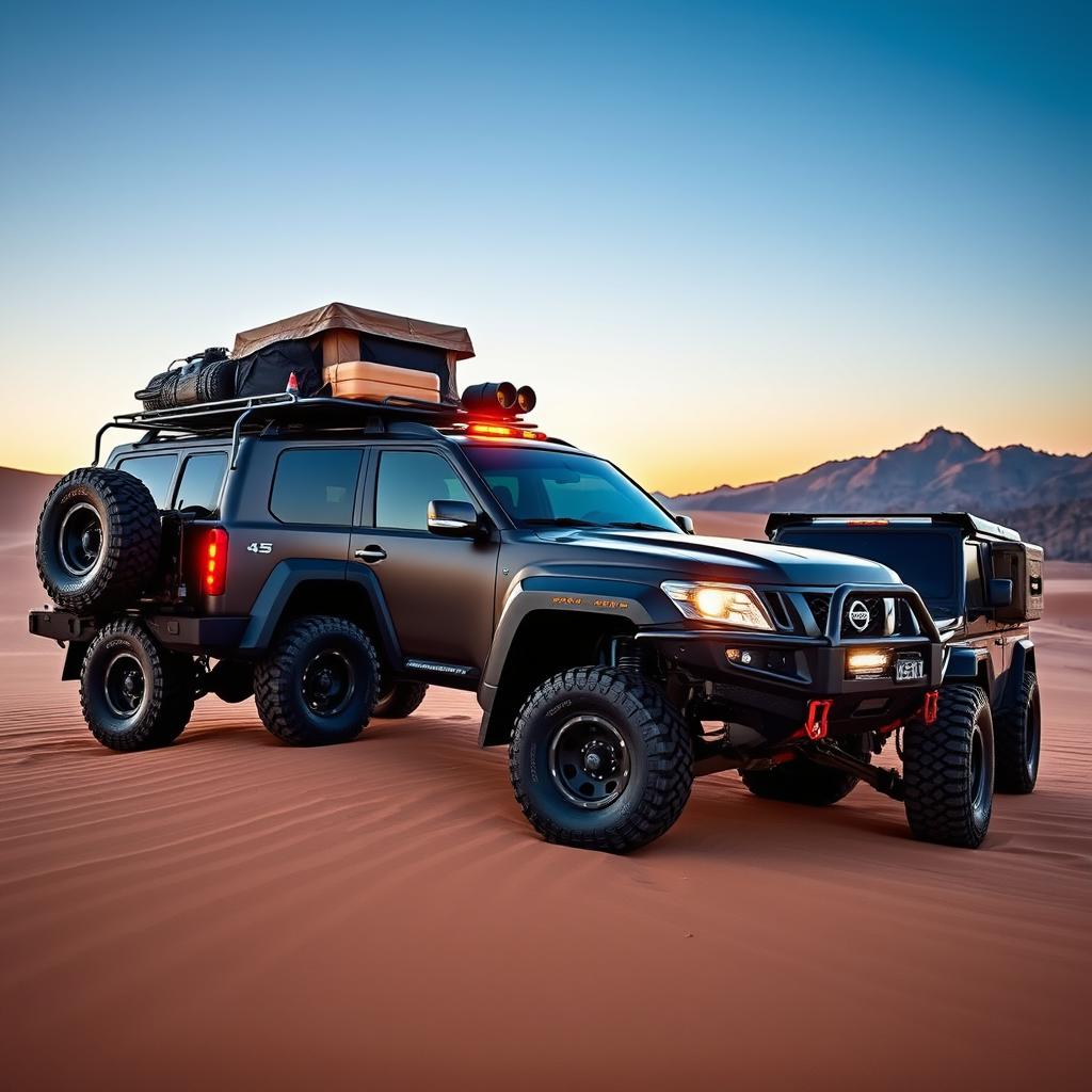 A captivating side view and front view of an overland Nissan Patrol, expertly designed for rugged terrain and expeditionary journeys