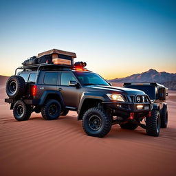 A captivating side view and front view of an overland Nissan Patrol, expertly designed for rugged terrain and expeditionary journeys