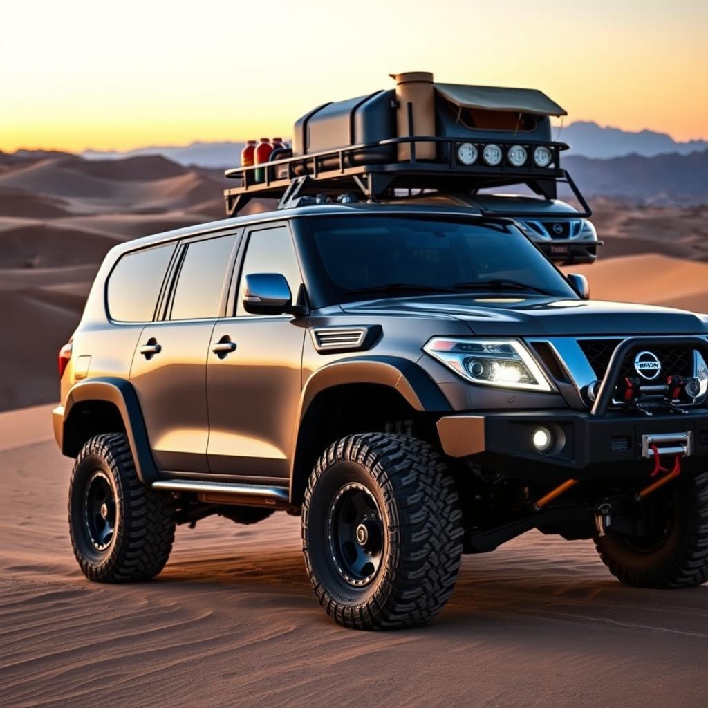 A captivating side view and front view of an overland Nissan Patrol, expertly designed for rugged terrain and expeditionary journeys