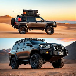 A captivating side view and front view of an overland Nissan Patrol, expertly designed for rugged terrain and expeditionary journeys