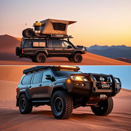 A captivating side view and front view of an overland Nissan Patrol, expertly designed for rugged terrain and expeditionary journeys