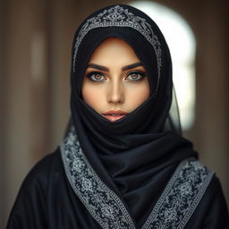 A striking portrait of a woman wearing an elegant, black niqab with intricate silver embroidery