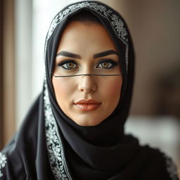 A striking portrait of a woman wearing an elegant, black niqab with intricate silver embroidery