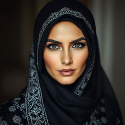 A striking portrait of a woman wearing an elegant, black niqab with intricate silver embroidery