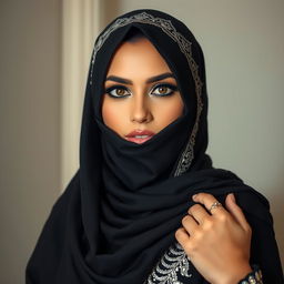 A striking portrait of a woman wearing an elegant, black niqab with intricate silver embroidery