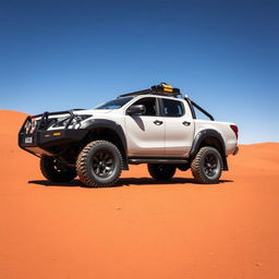 A side view of a rugged and robust Mazda BT-50, specifically designed for overlanding in the Australian outback