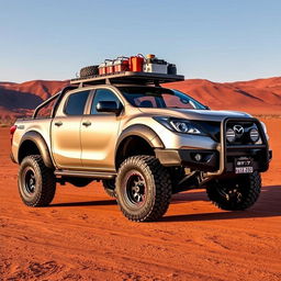 A side view of a rugged and robust Mazda BT-50, specifically designed for overlanding in the Australian outback