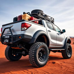 A side view of a rugged and robust Mazda BT-50, specifically designed for overlanding in the Australian outback