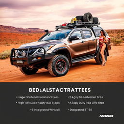 A rugged Mazda BT-50 designed for the Australian outback, showcasing its off-road capabilities with large all-terrain tires, a high-lift suspension, and heavy-duty side steps