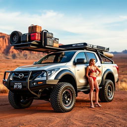 A rugged Mazda BT-50 designed for the Australian outback, showcasing its off-road capabilities with large all-terrain tires, a high-lift suspension, and heavy-duty side steps