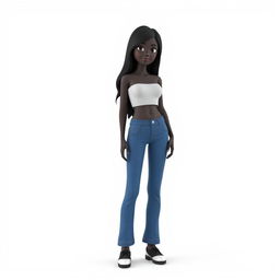 3D model of a black girl with dark skin standing against a white background