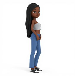 3D model of a black girl with dark skin standing against a white background