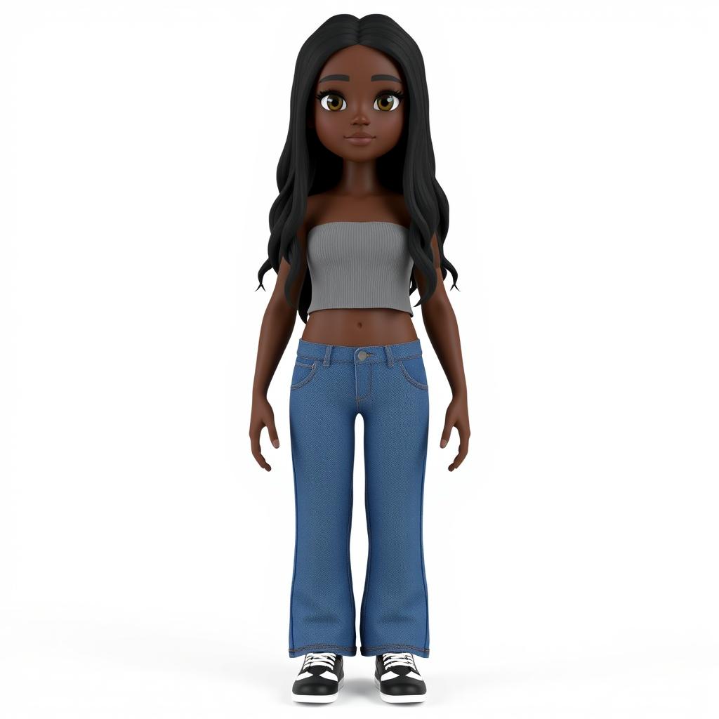 3D model of a black girl with dark skin standing against a white background