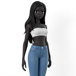 3D model of a black girl with dark skin standing against a white background