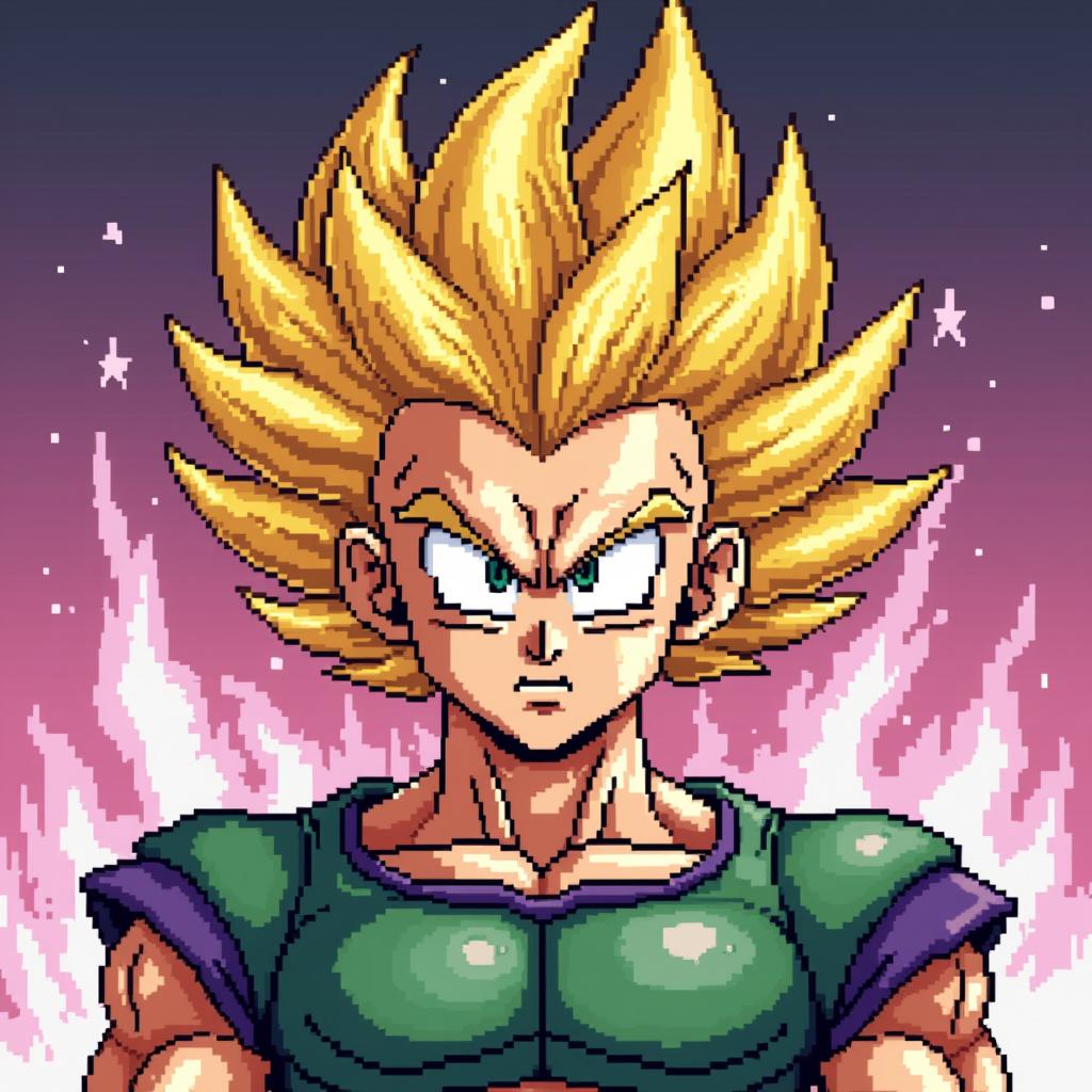 Raditz in Super Saiyan form, depicted in vibrant 8-bit pixel art style