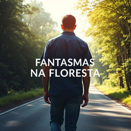 A cinematic poster featuring a man walking along a road bordered by a forest during the day