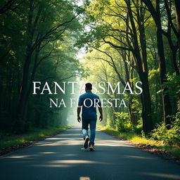 A cinematic poster featuring a man walking along a road bordered by a forest during the day