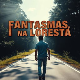 A cinematic poster depicting a man walking on a road along the edge of a forest during the day