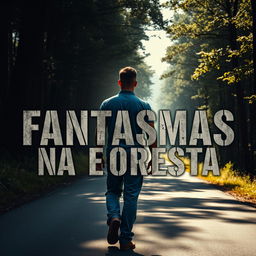 A cinematic poster depicting a man walking on a road along the edge of a forest during the day