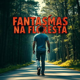 A cinematic poster depicting a man walking on a road along the edge of a forest during the day