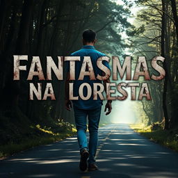 A cinematic poster depicting a man walking on a road along the edge of a forest during the day