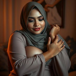 A vibrant and sensual scene featuring a voluptuous adult film star with distinctive features, wearing an elegant hijab that beautifully frames her face