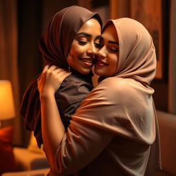 A vibrant and sensual scene featuring a voluptuous adult film star with distinctive features, wearing an elegant hijab that beautifully frames her face