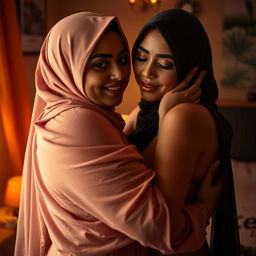 A vibrant and sensual scene featuring a voluptuous adult film star with distinctive features, wearing an elegant hijab that beautifully frames her face