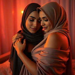 A vibrant and sensual scene featuring a voluptuous adult film star with distinctive features, wearing an elegant hijab that beautifully frames her face