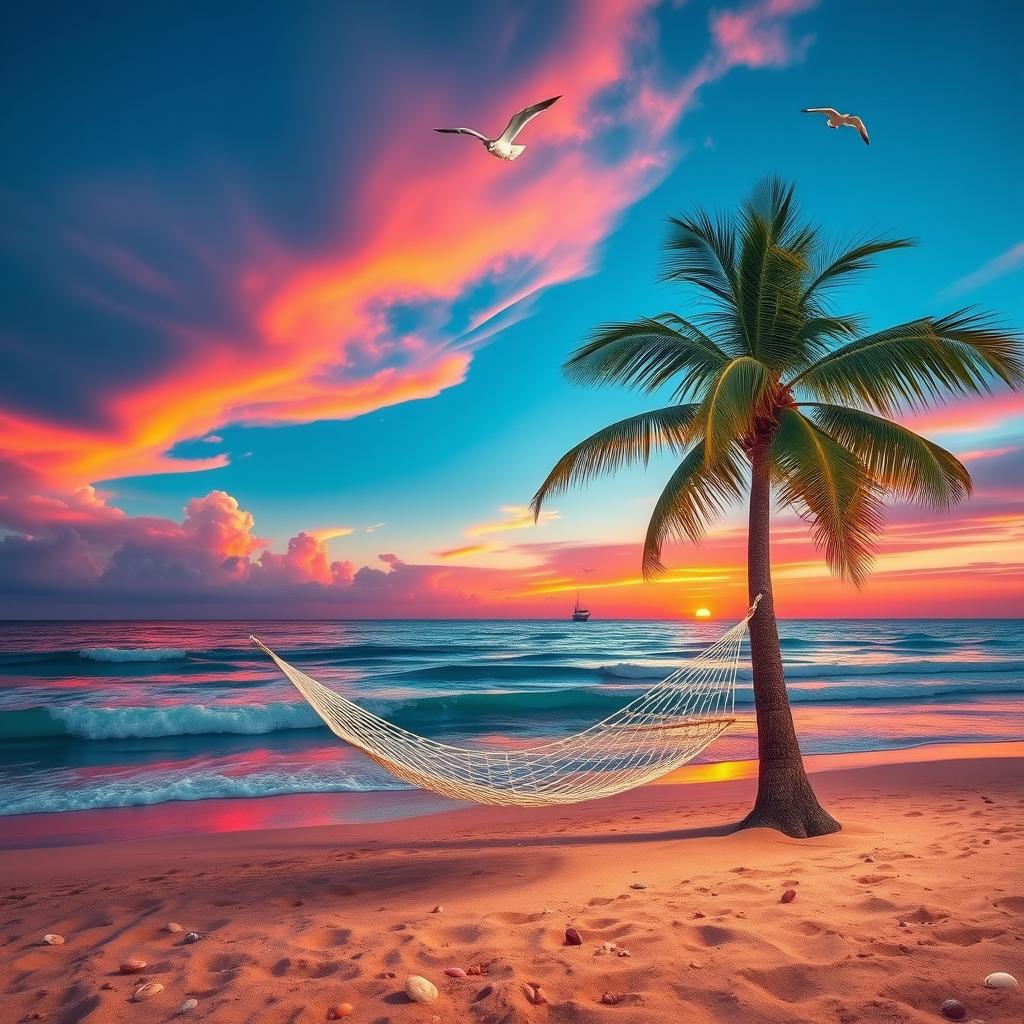 A serene beach sunset with vibrant colors reflecting on the ocean waves, coconut trees swaying gently in the breeze, and a cozy hammock hanging between two trees