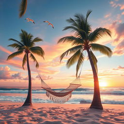 A serene beach sunset with vibrant colors reflecting on the ocean waves, coconut trees swaying gently in the breeze, and a cozy hammock hanging between two trees