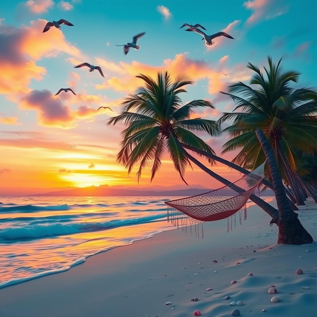 A serene beach sunset with vibrant colors reflecting on the ocean waves, coconut trees swaying gently in the breeze, and a cozy hammock hanging between two trees