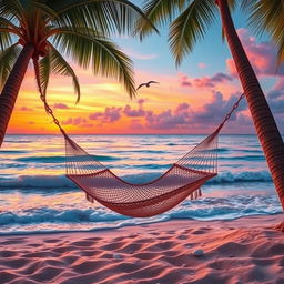 A serene beach sunset with vibrant colors reflecting on the ocean waves, coconut trees swaying gently in the breeze, and a cozy hammock hanging between two trees