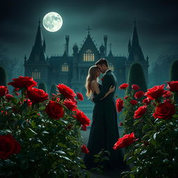 An enchanting scene featuring a vampire couple tenderly embracing one another amidst a garden brimming with crimson roses, their petals glistening with dew under the pale moonlight