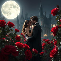 An enchanting scene featuring a vampire couple tenderly embracing one another amidst a garden brimming with crimson roses, their petals glistening with dew under the pale moonlight