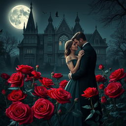 An enchanting scene featuring a vampire couple tenderly embracing one another amidst a garden brimming with crimson roses, their petals glistening with dew under the pale moonlight